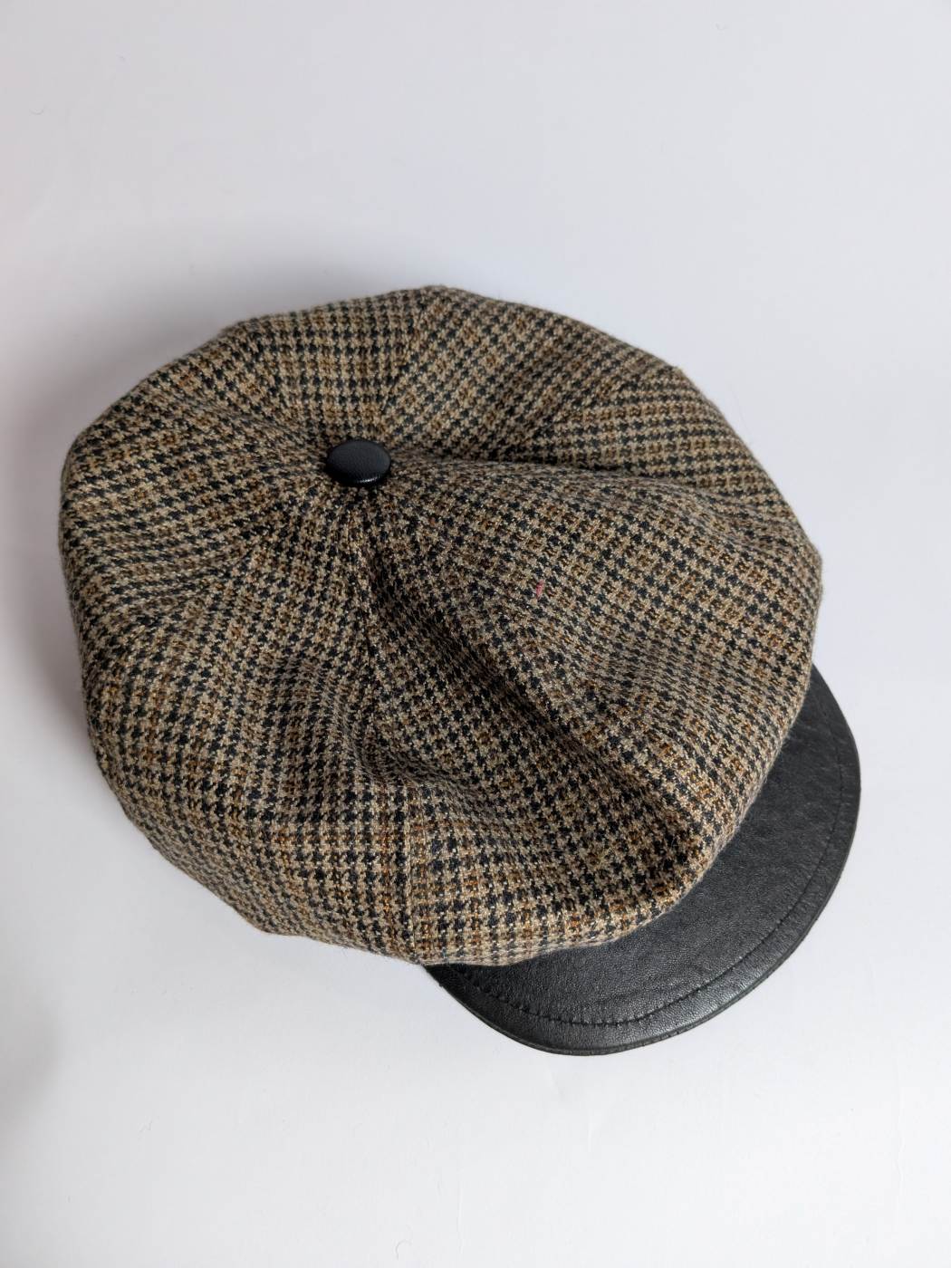 Wool Flat Cap | Stripes Hat with Leather Button on Top