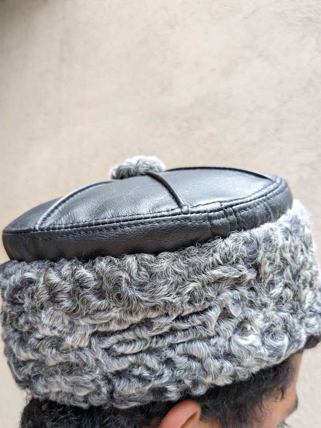 Pure Leather Black Cap With Grey Natural Karakul Fur | 6 Panel