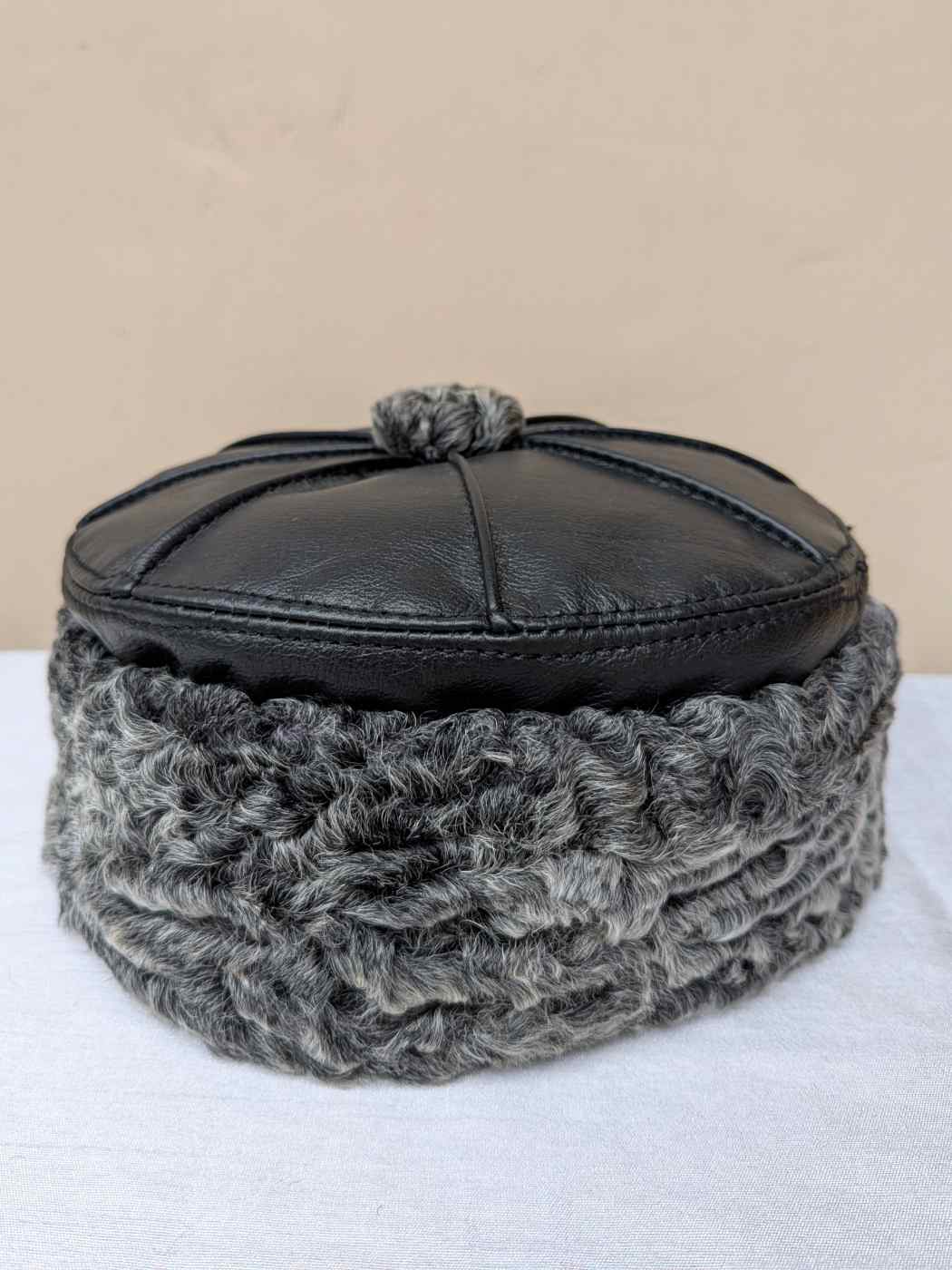 Pure Leather Black Cap With Grey Natural Karakul Fur | 6 Panel