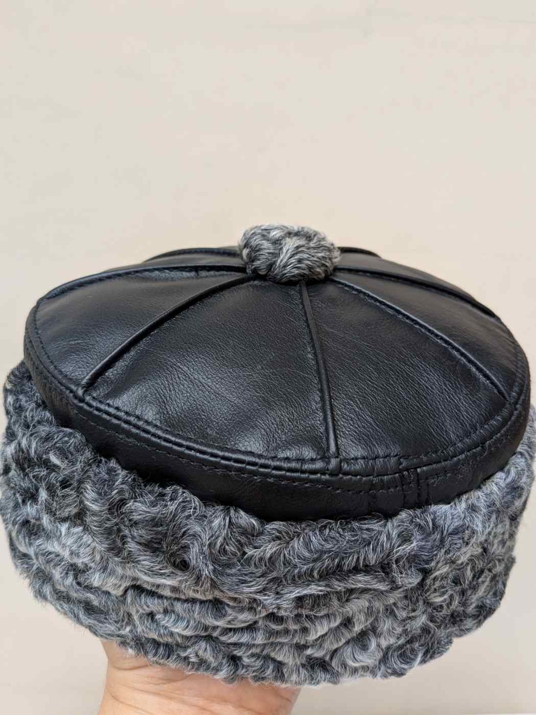 Pure Leather Black Cap With Grey Natural Karakul Fur | 6 Panel