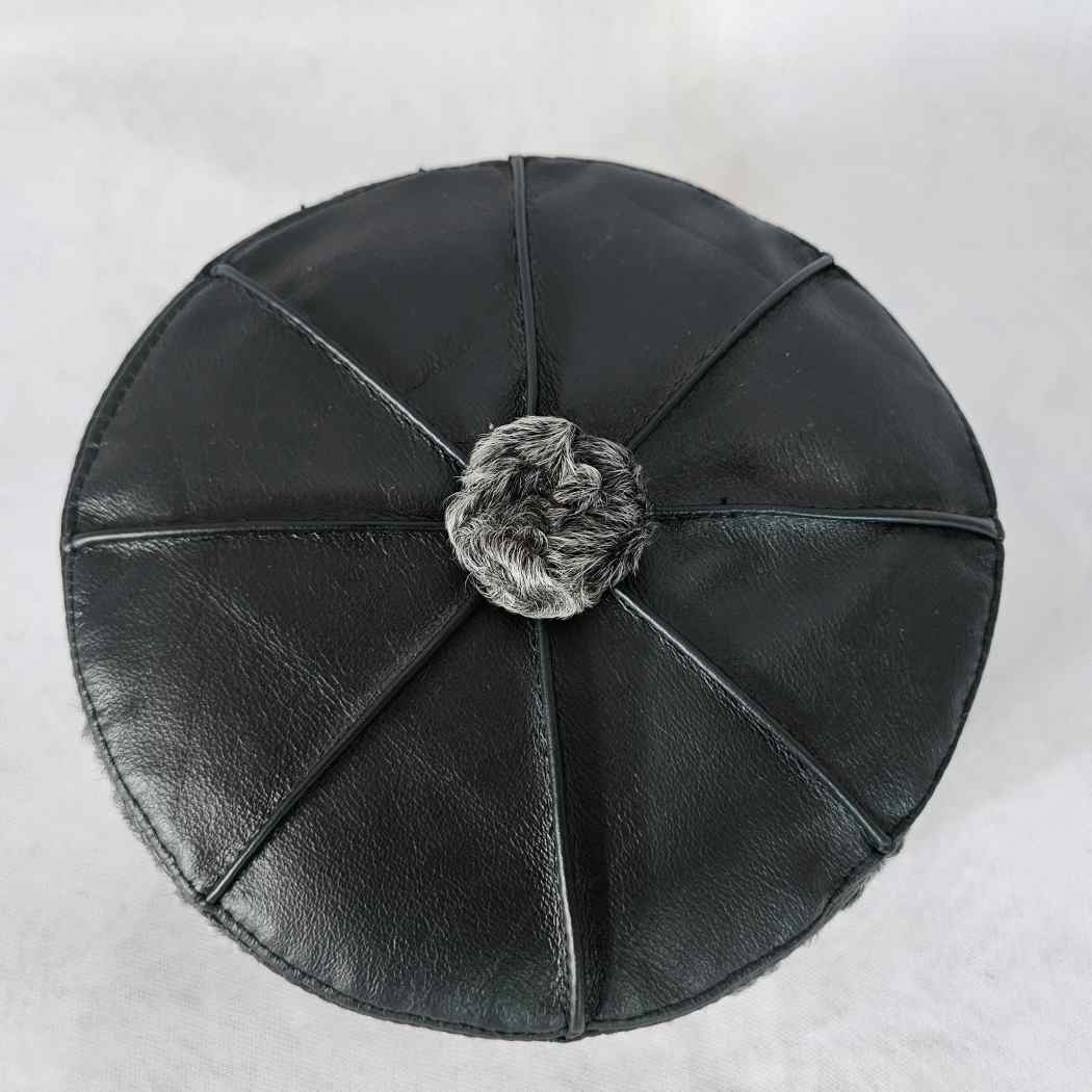 Pure Leather Black Cap With Grey Natural Karakul Fur | 6 Panel