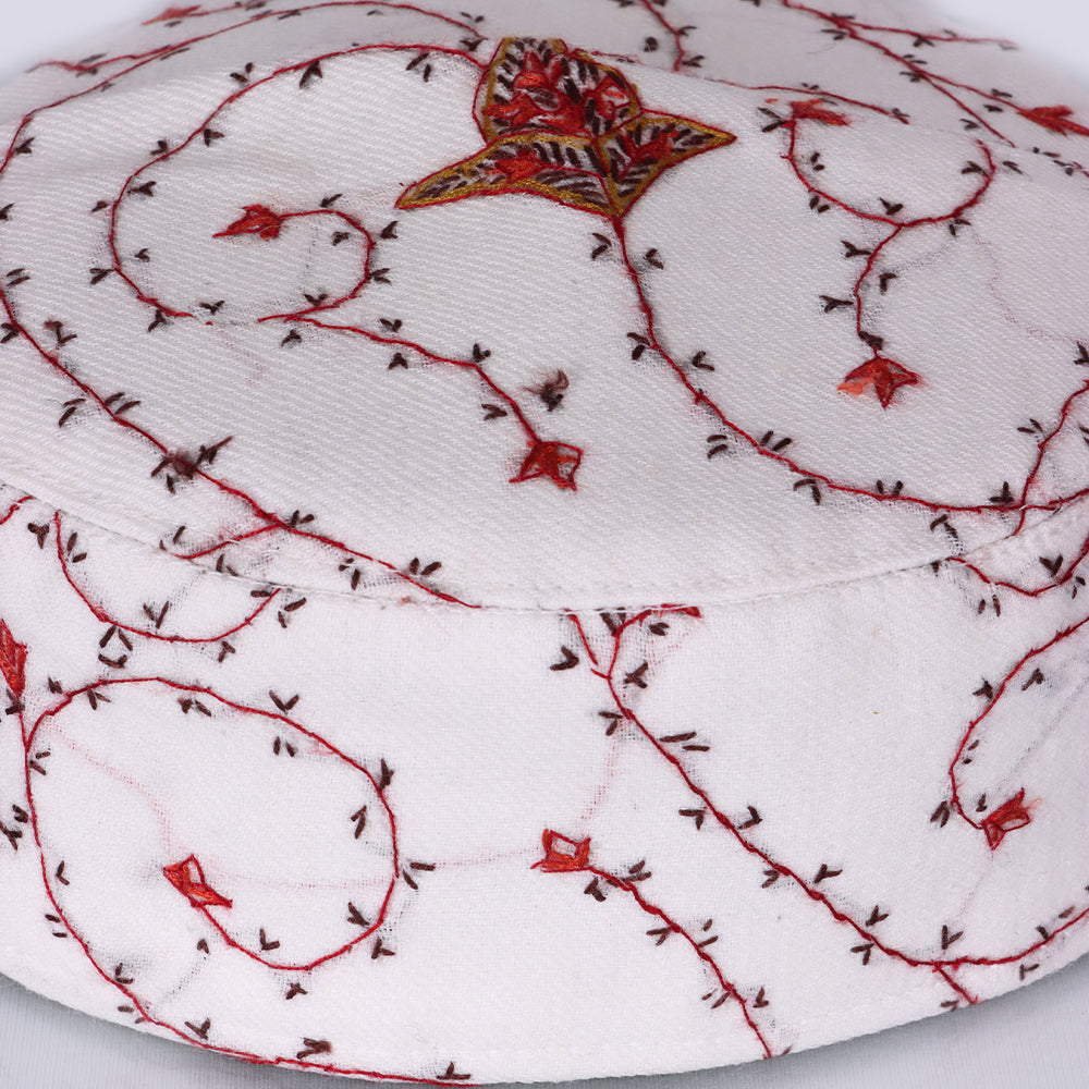 White Toosha with Hand Sozni Embroidery Topi | Cap