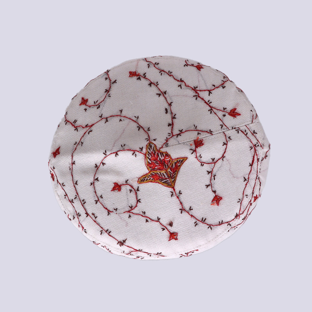 White Toosha with Hand Sozni Embroidery Topi | Cap