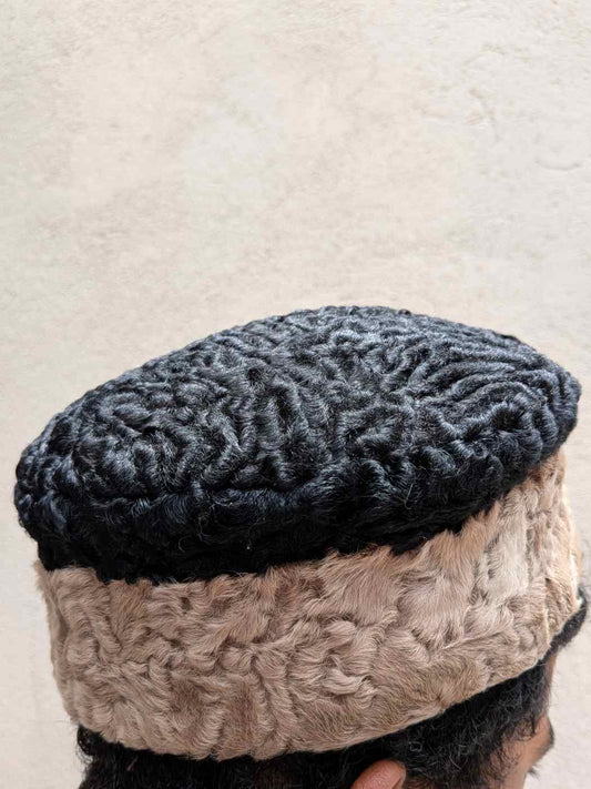 Natural Karakul Wool Round Cap | Black and Beige | Persian Cap