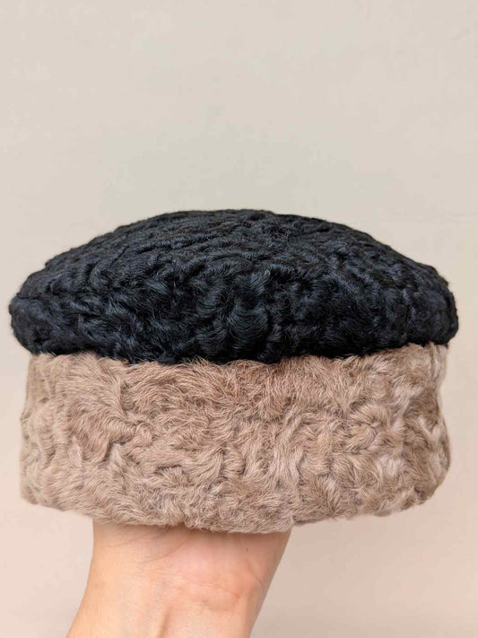 Natural Karakul Wool Round Cap | Black and Beige | Persian Cap