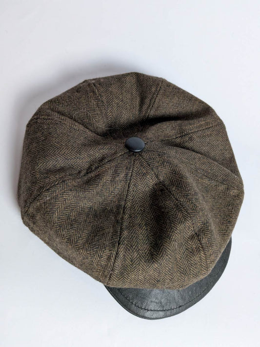 Flat Cap with Leather Front | Brownish Hat | Pick with Leather Button on Top