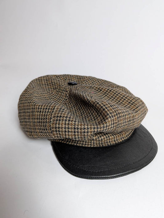 Wool Flat Cap | Stripes Hat with Leather Button on Top