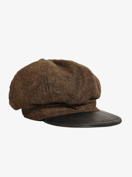 Flat Cap with Leather Front | Brownish Hat | Pick with Leather Button on Top