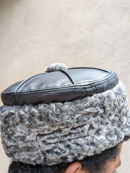 Pure Leather Black Cap With Grey Natural Karakul Fur | 6 Panel