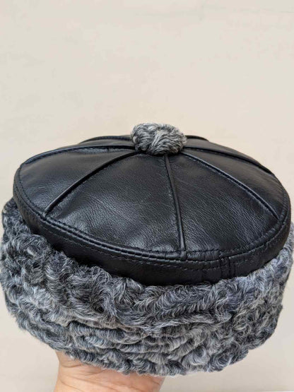 Pure Leather Black Cap With Grey Natural Karakul Fur | 6 Panel