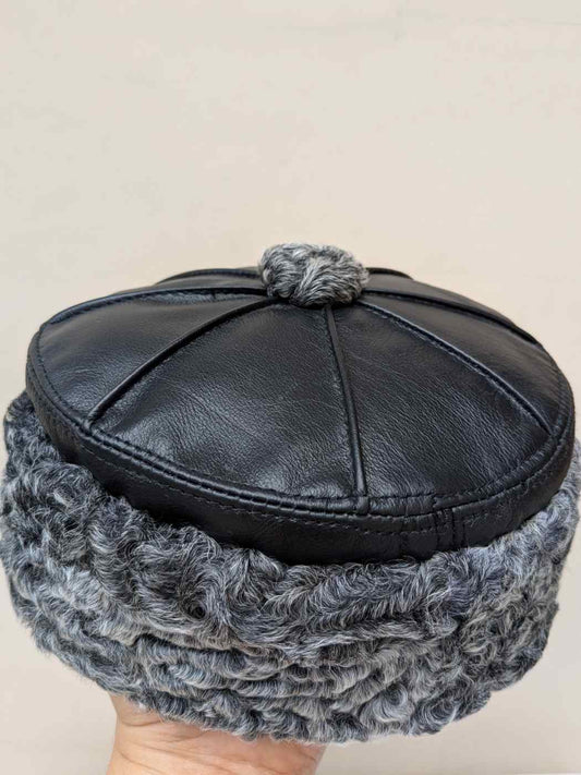 Pure Leather Black Cap With Grey Natural Karakul Sheep Fur | 6 Panel
