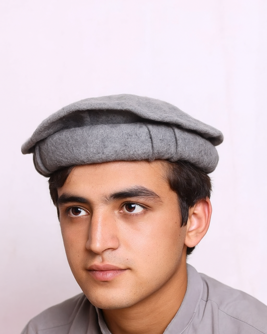 Grey Pakol Cap – Traditional Chitrali Wool Hat for Men