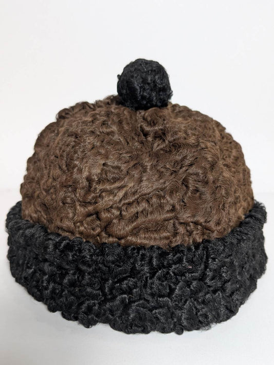 Round Black and Brown Karakul Cap | Bucket or Beanie Cap | Ambassadors Hat With Natural Sheep Fur