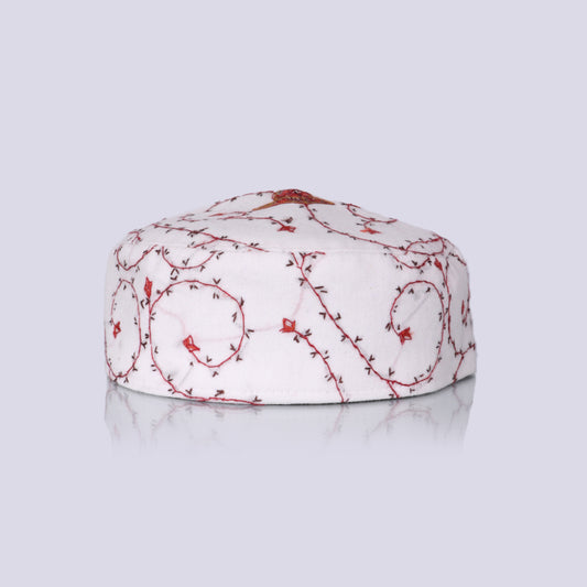 White Toosha with Hand Sozni Embroidery Topi | Cap